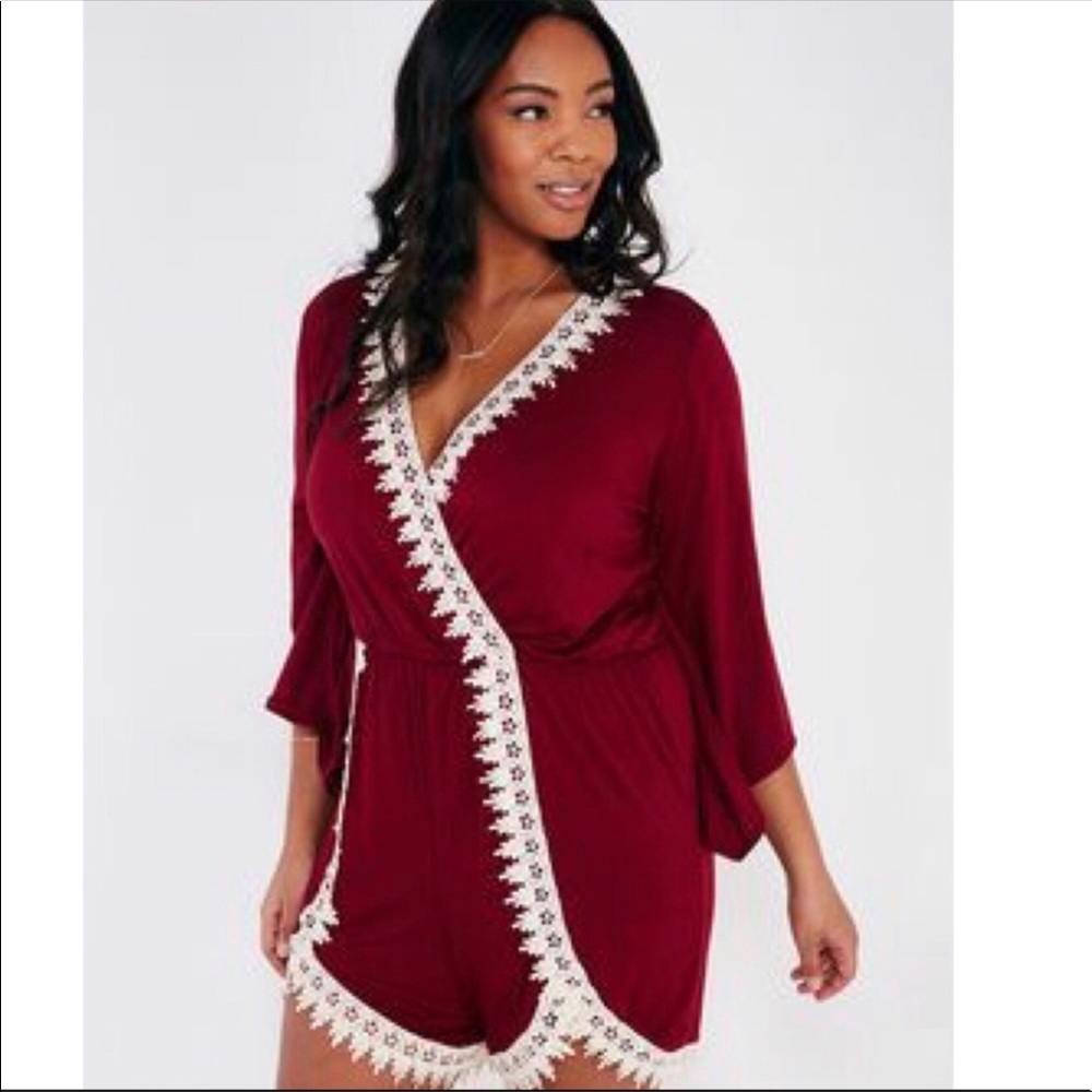 Zenobia L/S Trim Burgundy Romper NWT